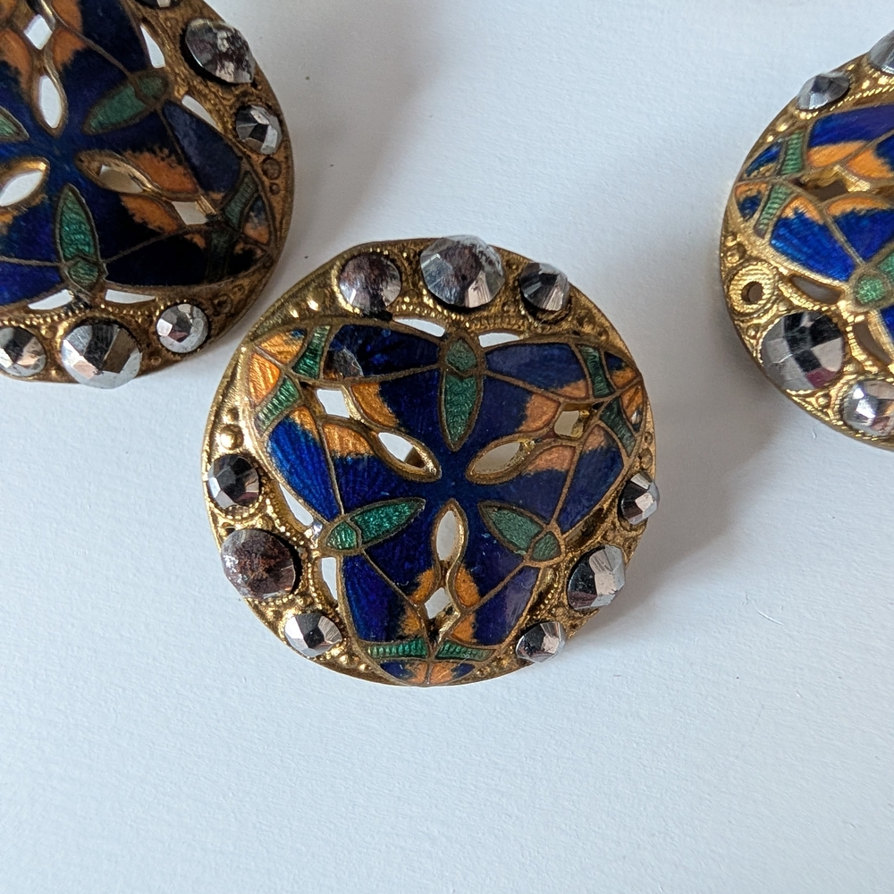 Antique French Cloisonne Reticulated Brass Buttons - Picture 3 of 7